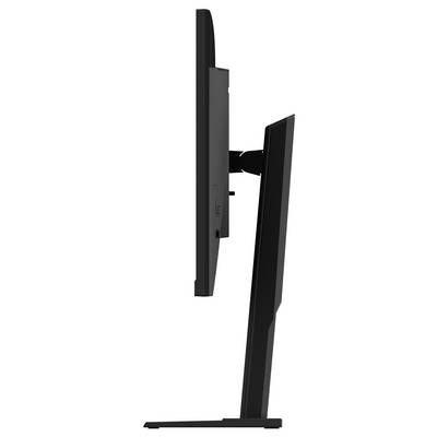 Seitenansicht eines schlanken schwarzen Computermonitors auf einem Ständer, der seinen schmalen Profil und seine ergonomische Neigungsverstellungsfunktion präsentiert.