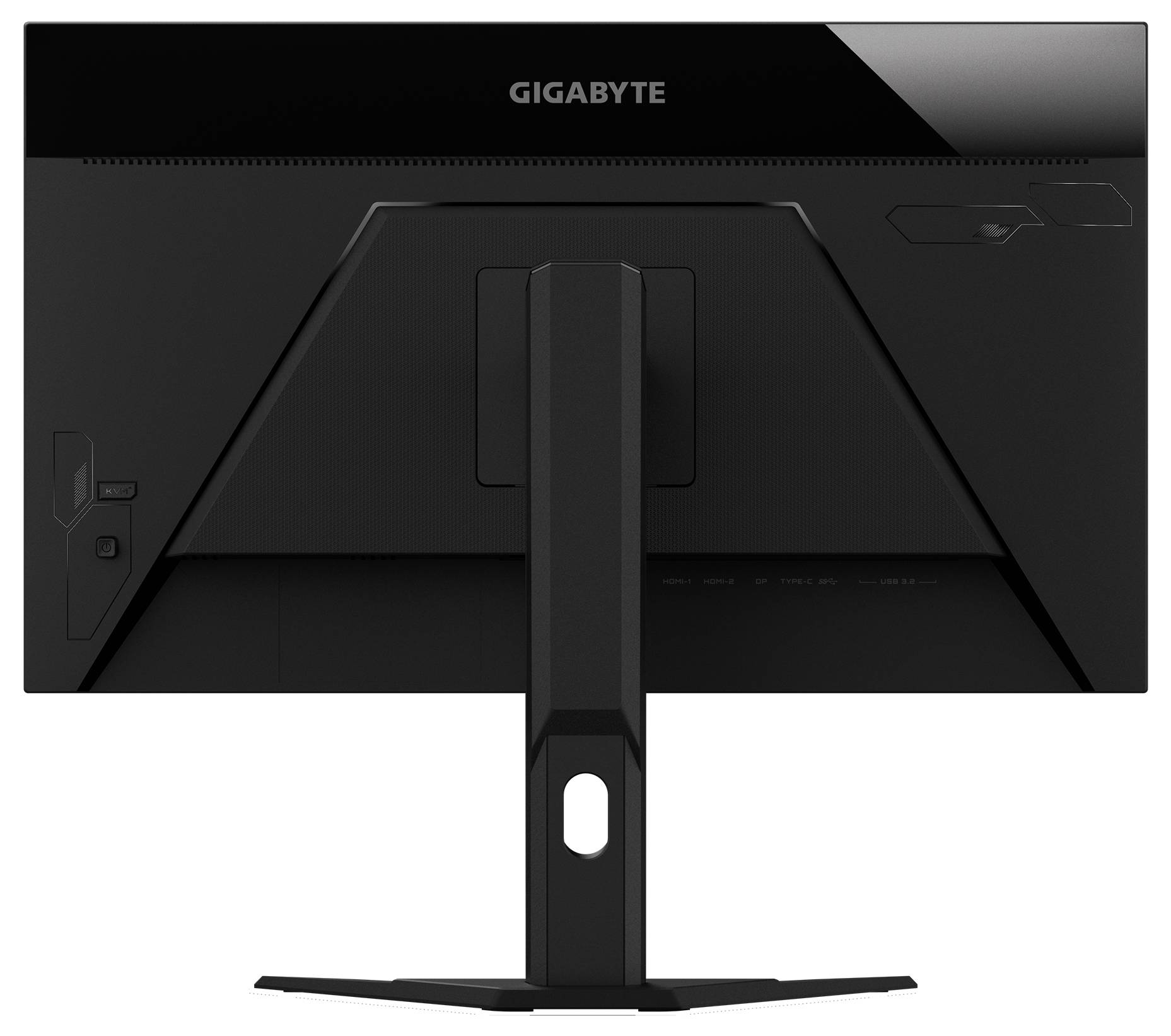 Ein Computermonitor, der einen futuristischen 'GAMING' Text in Rot und Blau anzeigt. Der Monitor ist unten mit der Marke 'GIGABYTE' versehen.