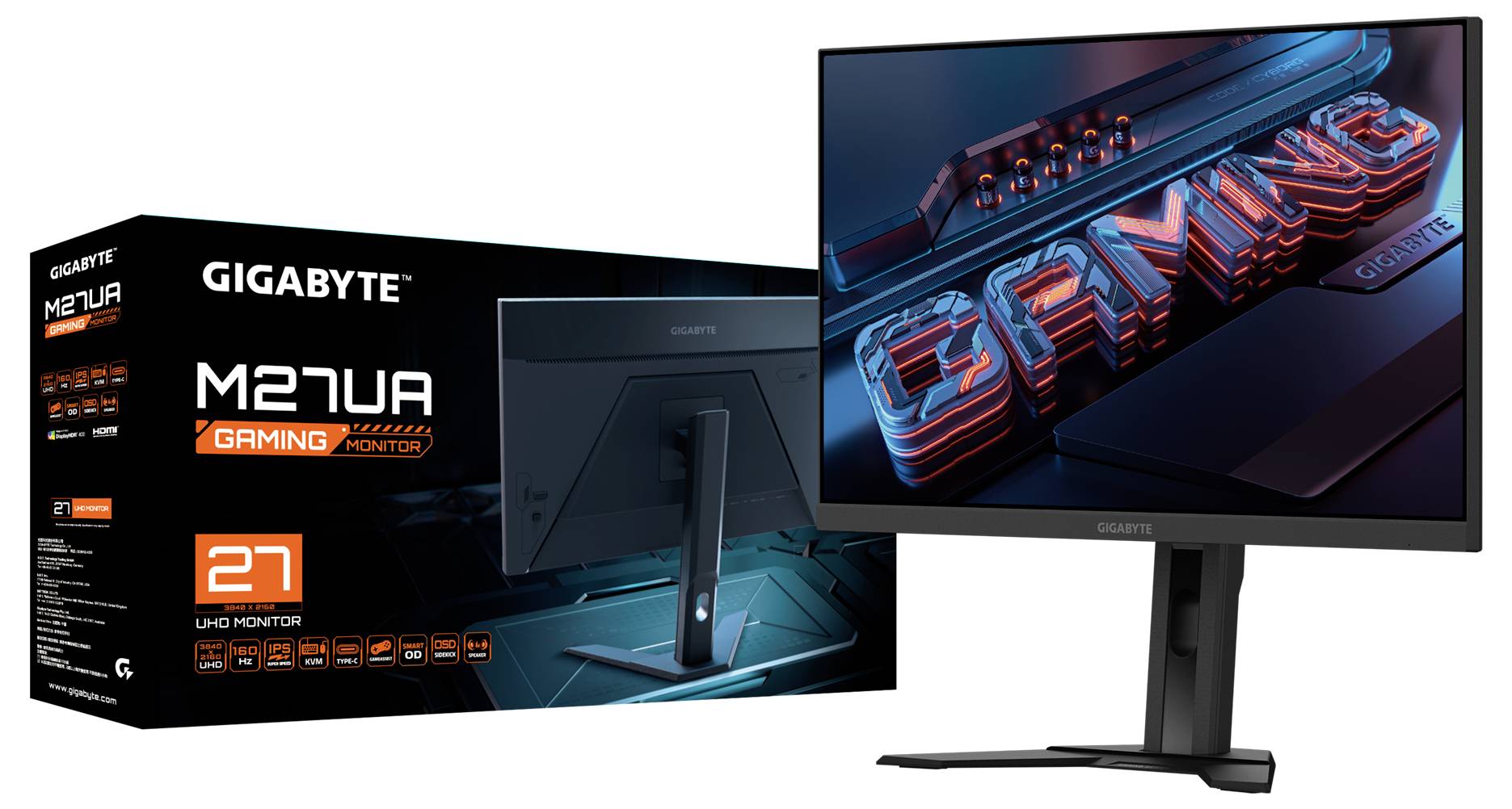 Ein Gigabyte 27-Zoll-Gaming-Monitor mit leuchtendem „GAMING"-Text auf dem Bildschirm. Die Verpackung zeigt Produkt- und Größenspezifikationen.