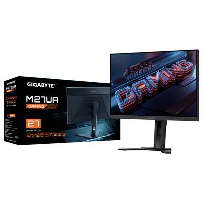Ein Gigabyte 27-Zoll-Gaming-Monitor mit leuchtendem „GAMING"-Text auf dem Bildschirm. Die Verpackung zeigt Produkt- und Größenspezifikationen.