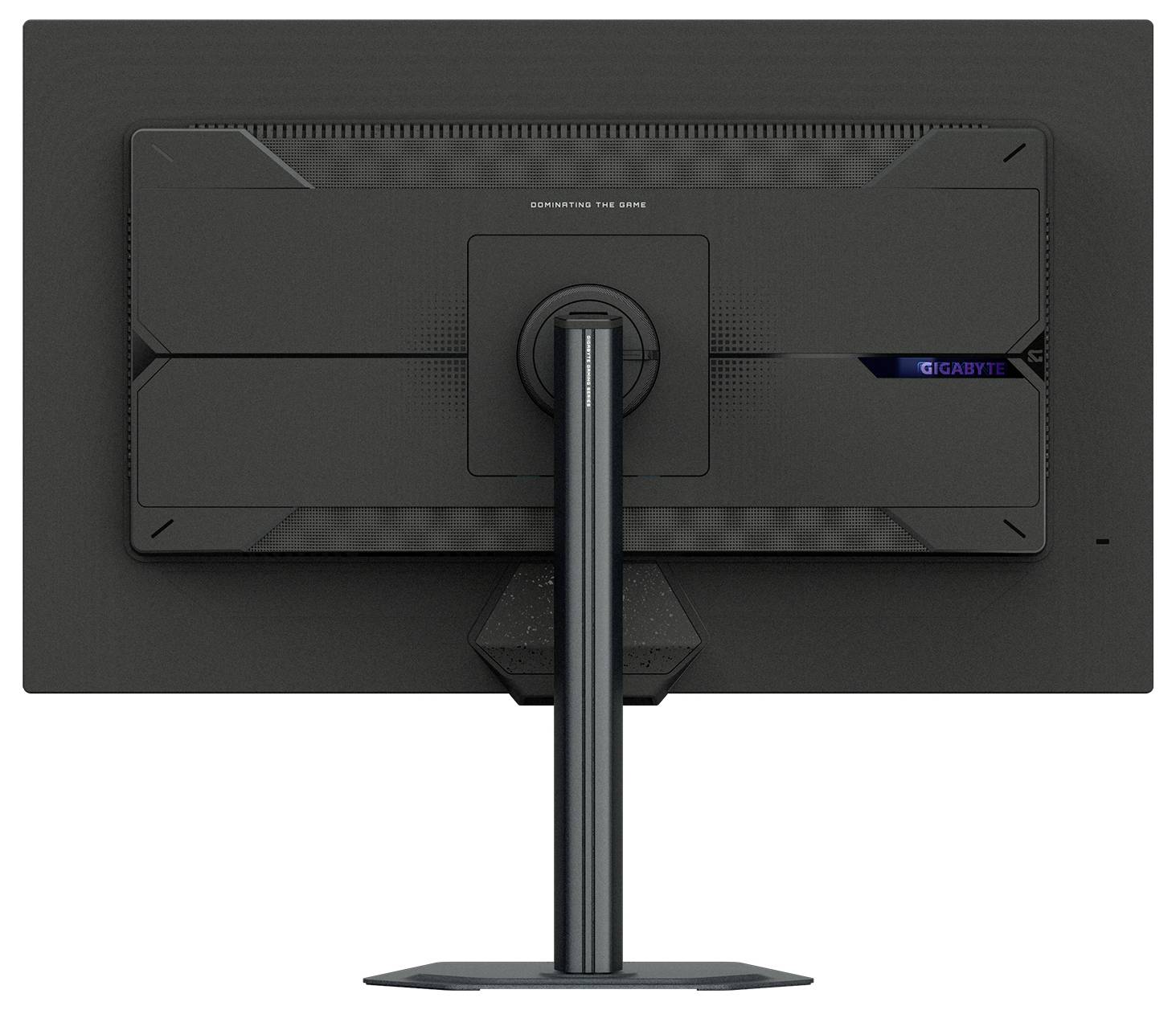 Rückansicht eines schwarzen Computermonitors mit Ständer, die Anschlüsse und Kühlungsdesign zeigt. Der Markenname 'GIGABYTE' ist sichtbar.