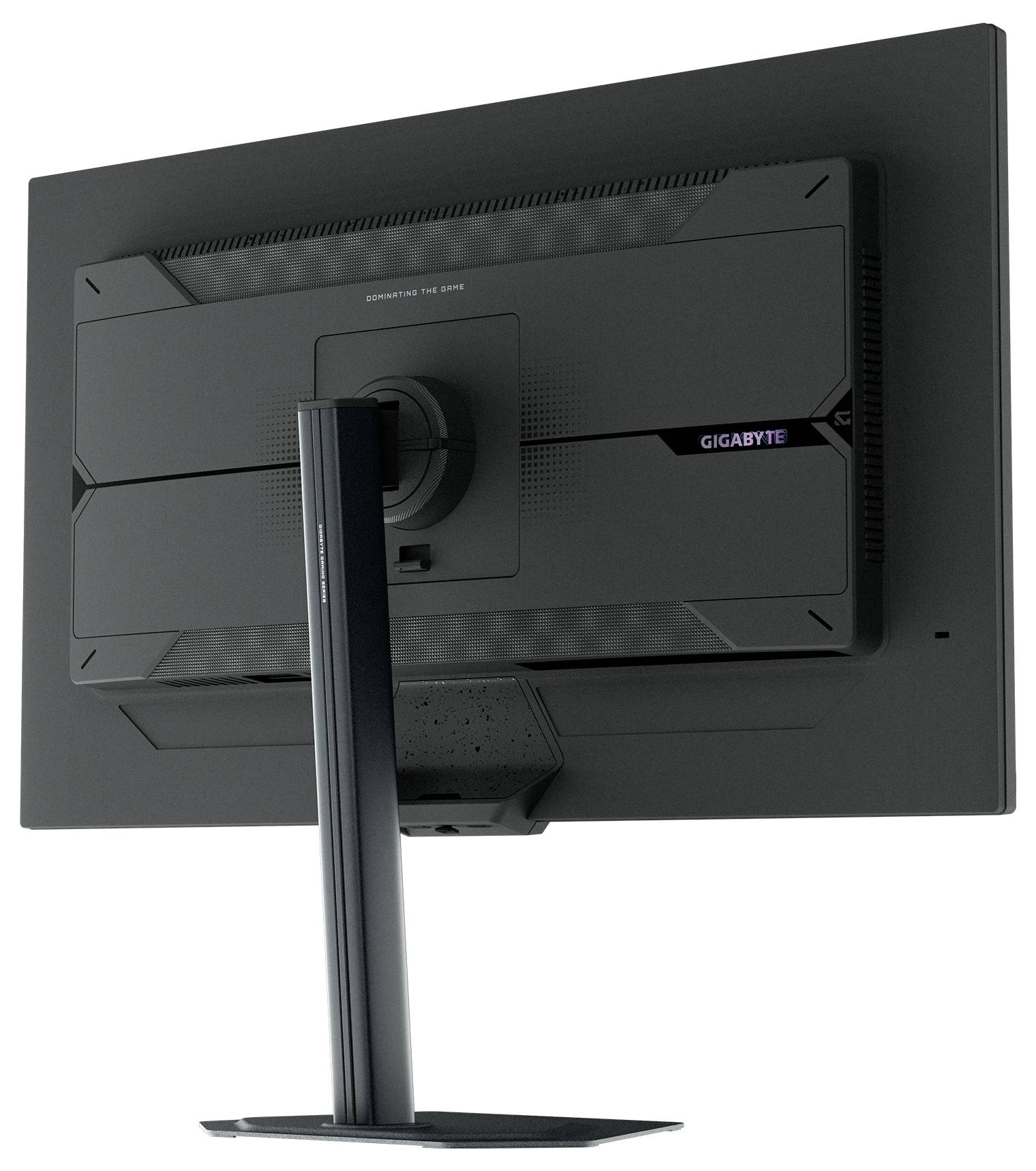 Das Bild zeigt die Rückseite eines großen, modernen Computermonitors mit einem schlanken schwarzen Ständer. Der Markenname 'Gigabyte' ist auf der Rückseite sichtbar.