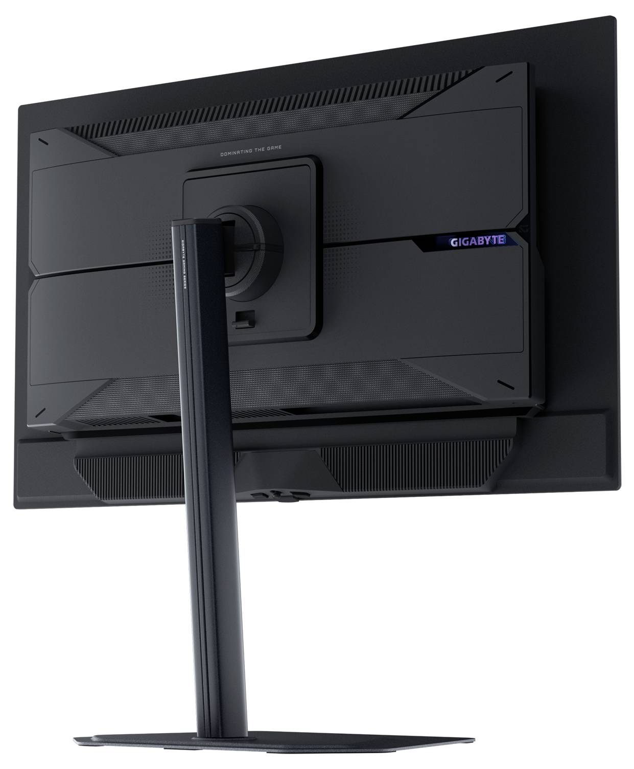 Das Bild zeigt die Rückseite eines schwarzen Computermonitors auf einem Ständer, auf dem rechts der Markenname 'Gigabyte' zu sehen ist.