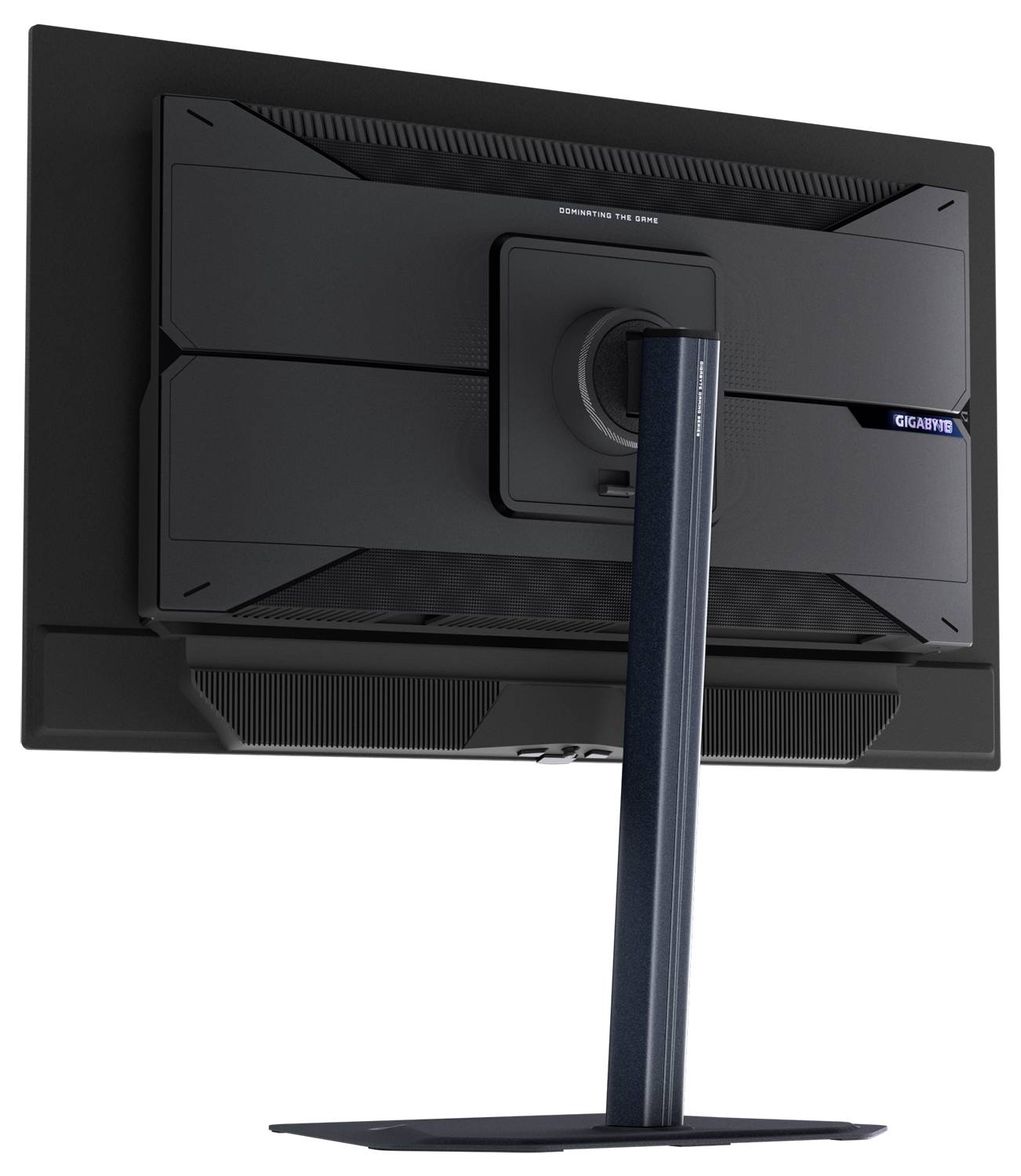 Rückansicht eines schwarzen Monitors mit einem stabilen Ständer, auf dem rechts der Markenname 'Gigabyte' zu sehen ist. Das Design ist schlicht und modern.