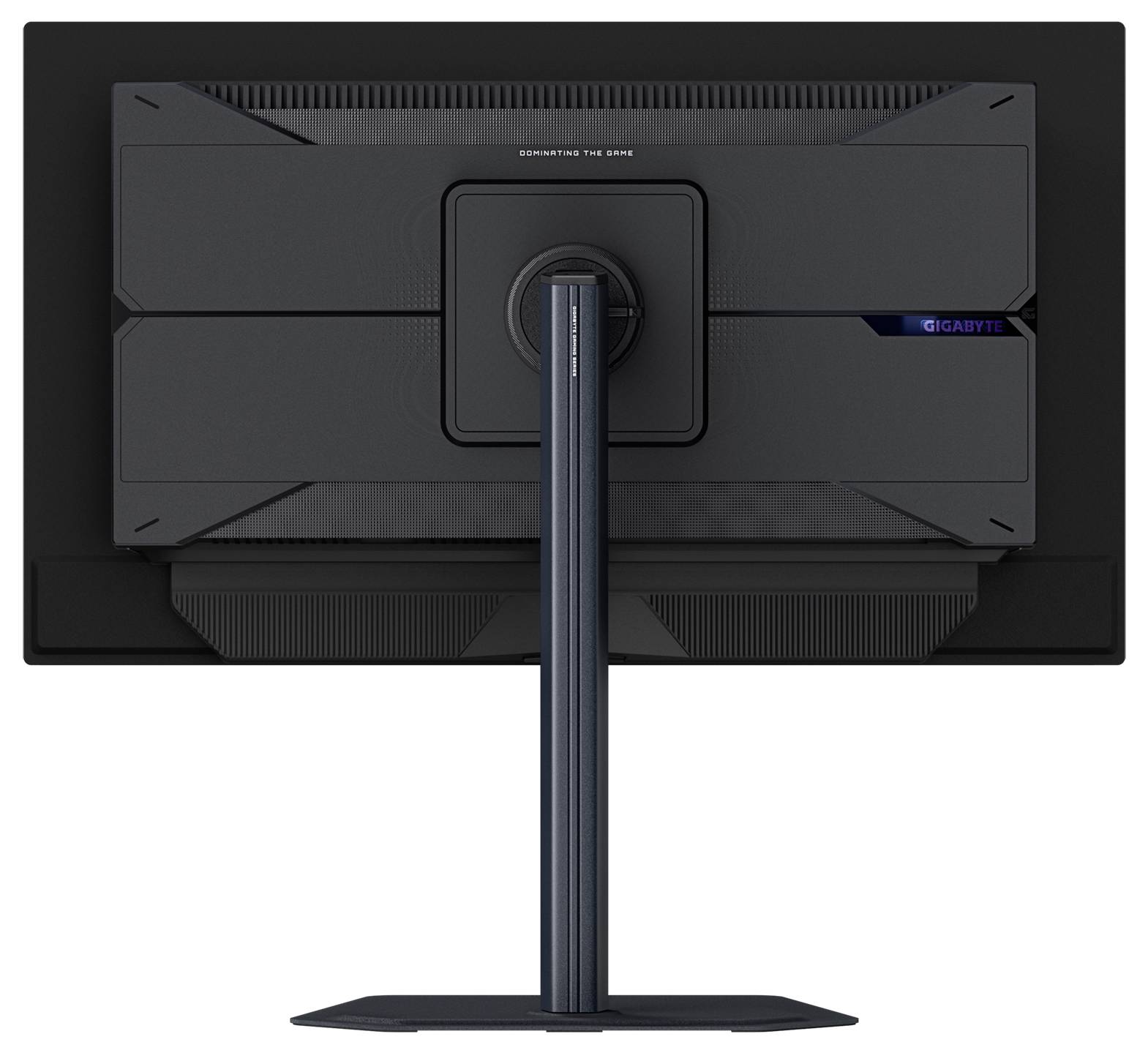 Ein schwarzer Computermonitor, von hinten betrachtet, mit einem zentralen Ständer und Markenbeschriftung.