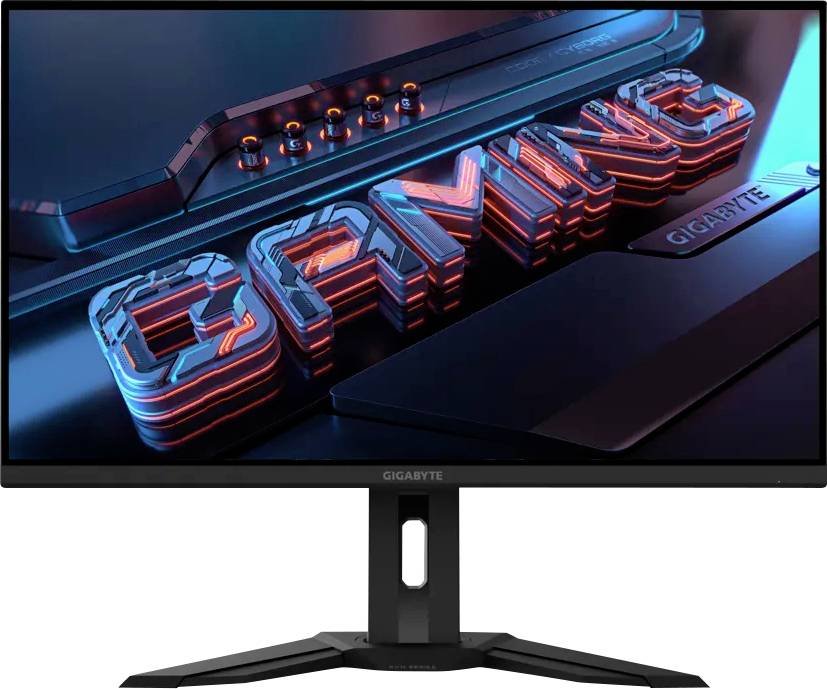 Ein Monitor zeigt einen stilisierten 3D-Text, der „GAMING" in Blau und Rot liest und den Zweck des Geräts für Spielaktivitäten betont.