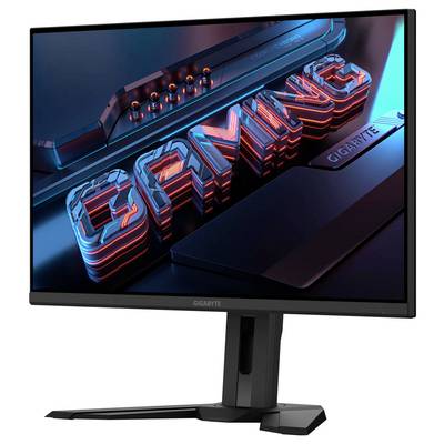 Ein schlanker Gaming-Monitor mit fetten 3D-Buchstaben 'GAMING' auf dem Bildschirm, ausgestattet mit einem futuristischen Design und einem stabilen Ständer.