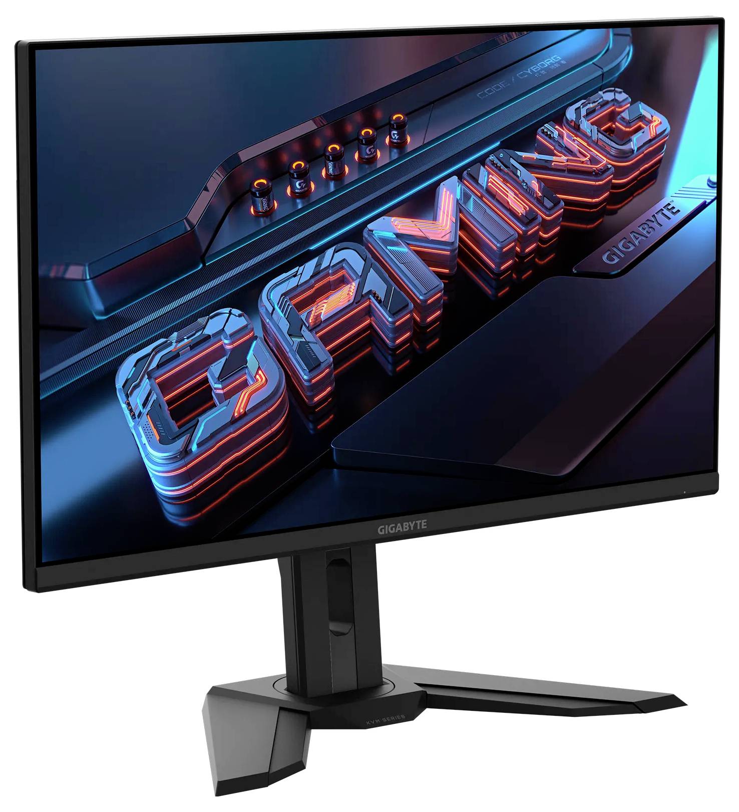 Ein Computermonitor, der einen lebendigen 3D-Text "GAMING" in rot und blau auf dem Bildschirm zeigt, montiert auf einem schwarzen Ständer.