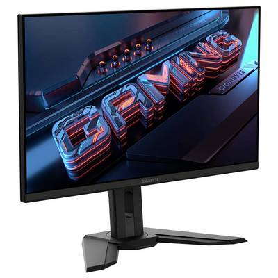 Ein Computermonitor, der einen lebendigen 3D-Text "GAMING" in rot und blau auf dem Bildschirm zeigt, montiert auf einem schwarzen Ständer.