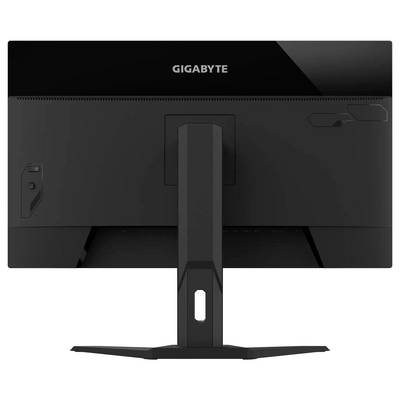 Rückansicht eines schwarzen GIGABYTE-Computermonitors, der den Standfuß und die Eingabeanschlüsse zeigt.