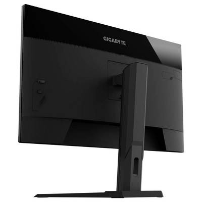 Ein schwarzer Computermonitor, von hinten betrachtet, der den Ständer und ein Markenlogo von 'Gigabyte' in der oberen Mitte zeigt.