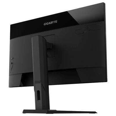 Ein schlanker, schwarzer Gigabyte-Computermonitor, von hinten betrachtet, der seinen Standfuß und sein schlankes Design mit dezenten Markierungen oben präsentiert.