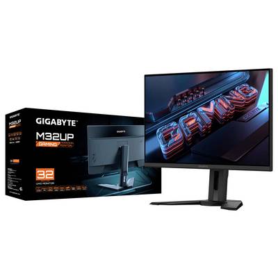 Gigabyte M32U Gaming-Monitor präsentiert, Merkmale umfassen 32-Zoll-4K-UHD-Auflösung. Bild zeigt Monitor und Verpackungskarton.