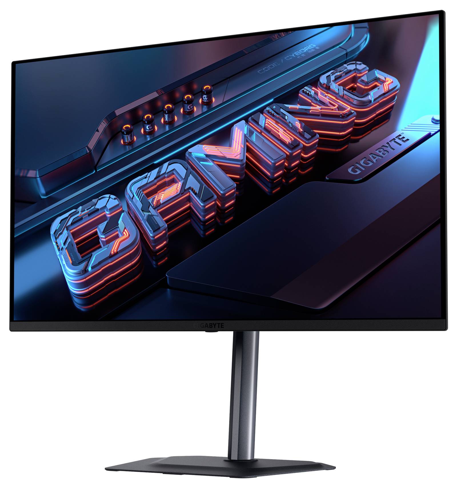 Ein Computermonitor, der das Wort "GAMING" in 3D zeigt, beleuchtet mit blauen und roten Neonfarben, was ein Gaming-Thema suggeriert.