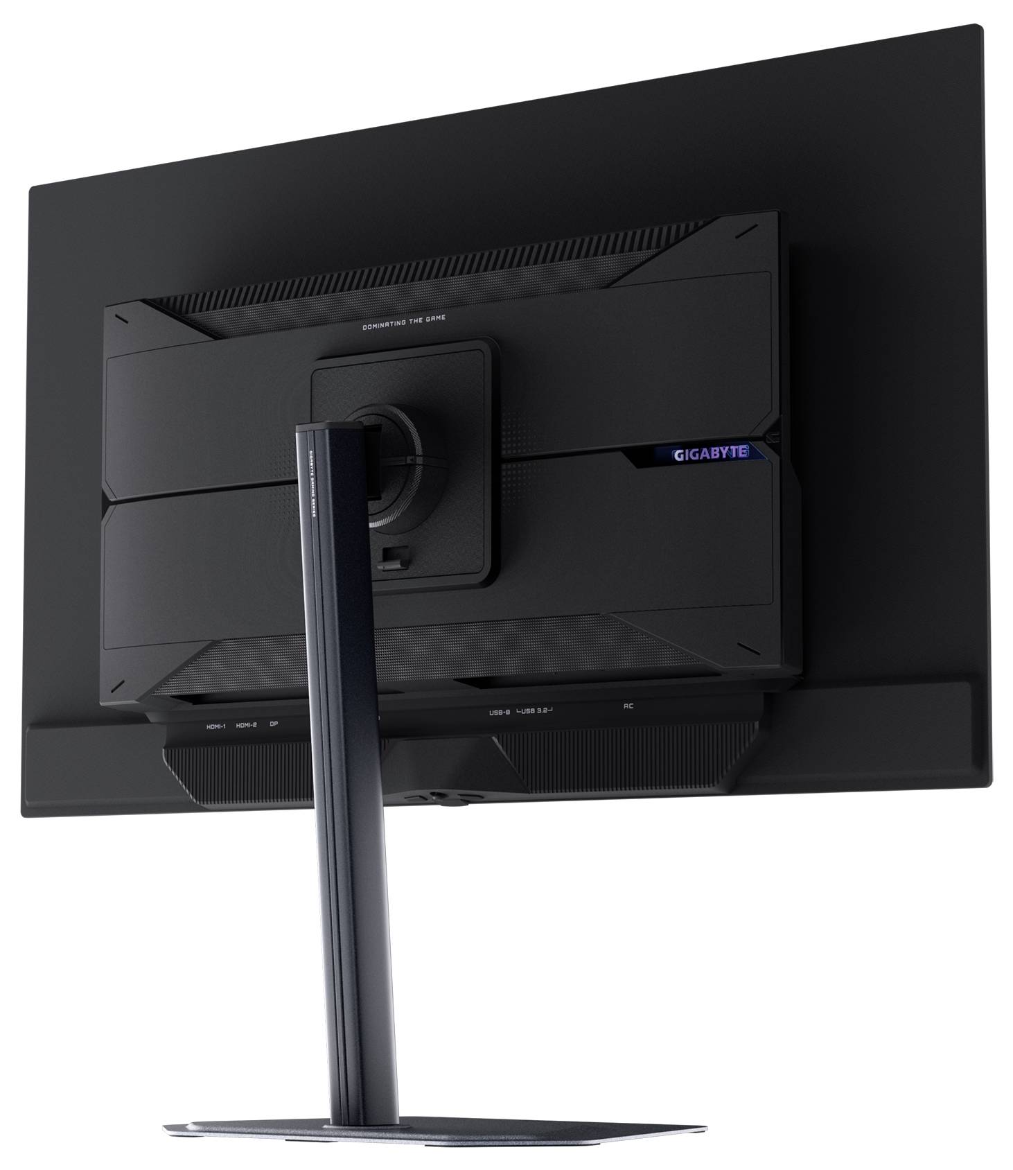 Ein schwarzer Computermonitor, von hinten betrachtet, auf dem rechts das Gigabyte-Logo zu sehen ist. Der Ständer ist schlank und metallfarbig.