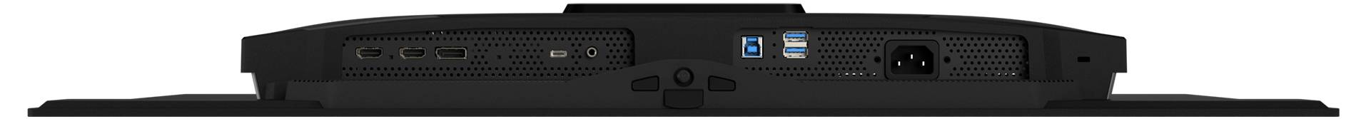 Bild der Rückseite eines schwarzen Geräts mit mehreren Anschlüssen, darunter HDMI, USB und Stromversorgungsbuchse, die Konnektivitätsoptionen veranschaulicht.