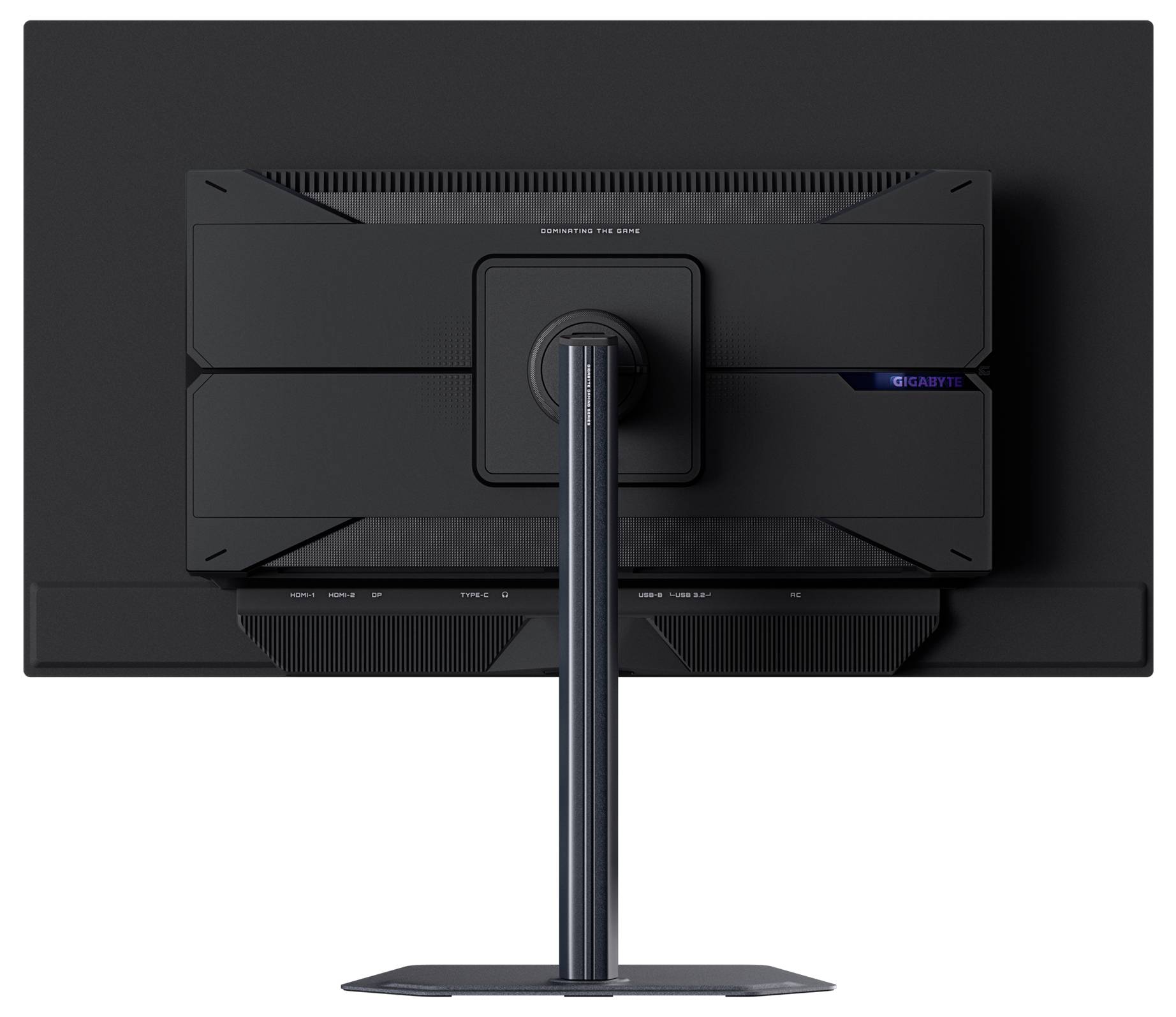 Ein schwarzer Computermonitor mit einem schlanken Ständer wird von hinten gezeigt, wobei sein cleaner Design und Anschlussbereich betont werden.