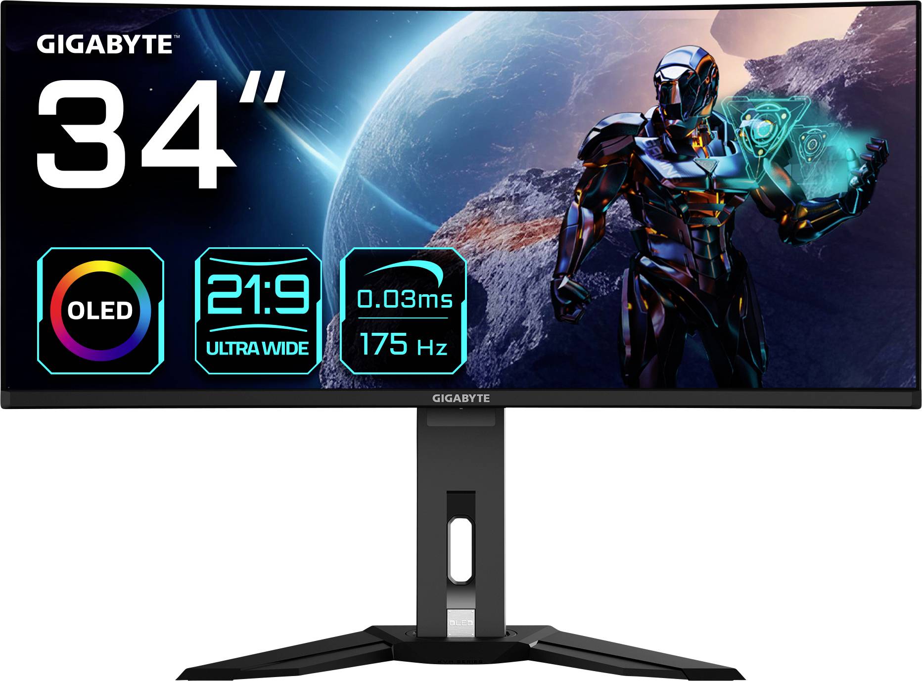 34-Zoll Gigabyte-Monitor mit OLED-Display, 21:9 Ultra-Wide-Seitenverhältnis, 0,03 ms Reaktionszeit, 175 Hz Bildwiederholrate, Science-Fiction-Tapete.