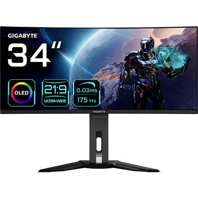 34-Zoll Gigabyte-Monitor mit OLED-Display, 21:9 Ultra-Wide-Seitenverhältnis, 0,03 ms Reaktionszeit, 175 Hz Bildwiederholrate, Science-Fiction-Tapete.
