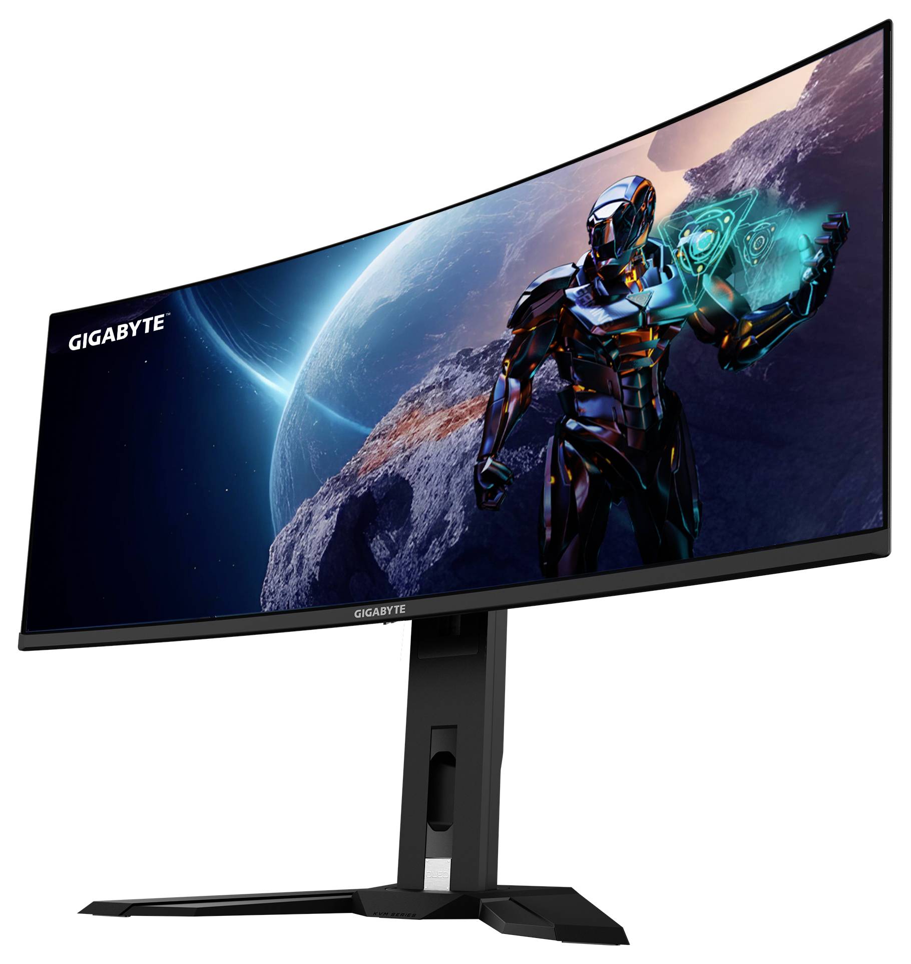 Ein gekrümmter Monitor, der einen futuristischen Roboter auf einer felsigen Landschaft zeigt, mit der Erde und dem Weltraum im Hintergrund, mit der Markenbezeichnung "GIGABYTE".