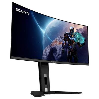 Ein gebogener Computermonitor, der eine futuristische Szene mit einem Roboter und einem Planeten zeigt. Die Marke 'GIGABYTE' ist oben links sichtbar.