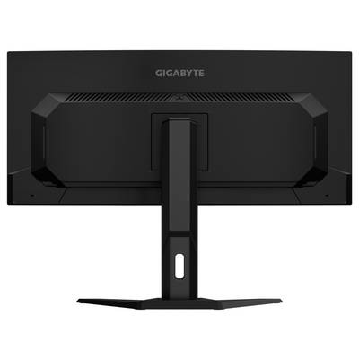 Ein schwarzer Gigabyte-Computermonitor, von hinten auf einem Ständer gezeigt, mit dem Markennamen oben am Gerät.
