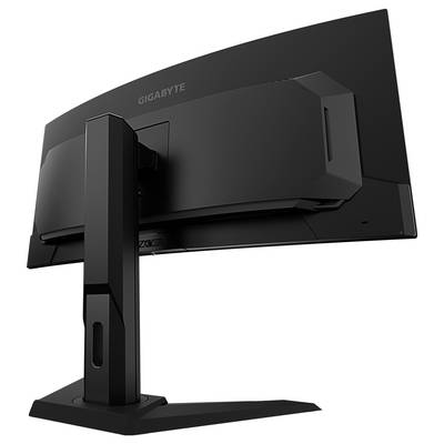 Ein schwarzer, gebogener Computerbildschirm, von hinten betrachtet, der seinen Standfuß und Markennamen zeigt.