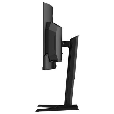 Seitenansicht eines schlanken, modernen Computermonitors auf einem stabilen Ständer. Das Design ist kantig, mit dem Bildschirm leicht nach vorn geneigt.