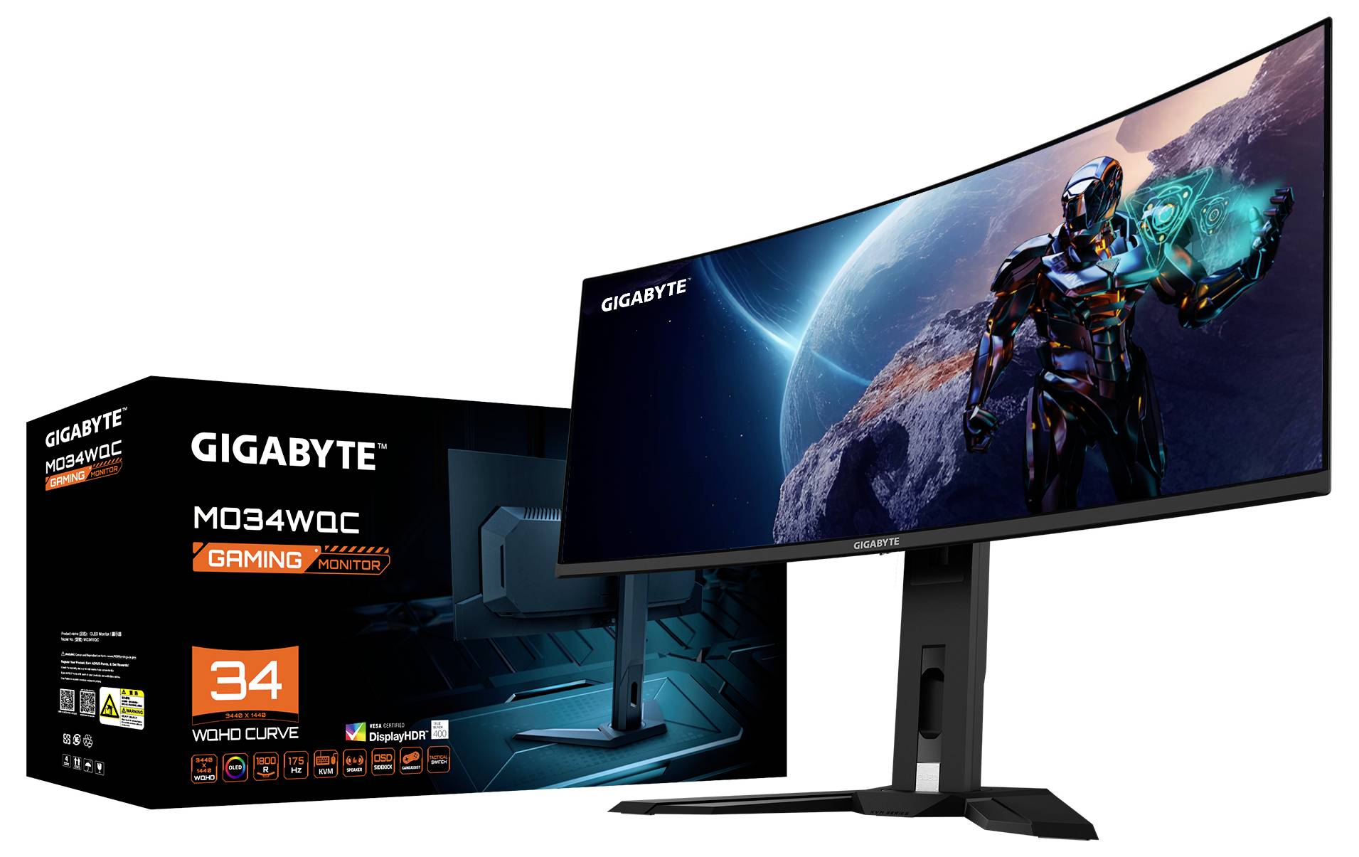 Gigabyte M34WQ-C 34" Gaming-Monitor mit gekrümmtem Bildschirm und Verpackungskarton. Ausgestattet mit einer futuristischen Robotergrafik und blauem Design.