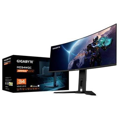 Gigabyte M34WQ-C 34" Gaming-Monitor mit gekrümmtem Bildschirm und Verpackungskarton. Ausgestattet mit einer futuristischen Robotergrafik und blauem Design.
