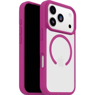 Ein Smartphone mit weißer Rückseite, das drei Kameras besitzt und von einem rosa Schutzgehäuse teilweise verdeckt wird.