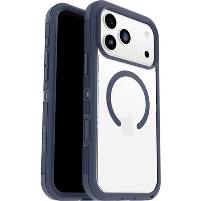 Ein Smartphone in einem robusten marineblauen Gehäuse mit MagSafe-Kreis auf der Rückseite. Das Kamera-Setup umfasst drei Linsen und einen Blitz.