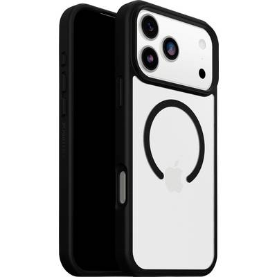 Ein weißes Smartphone mit einer Triple-Lens-Kamera und einem Apple-Logo auf der Rückseite, eingehüllt in eine schwarze Schutzhülle.