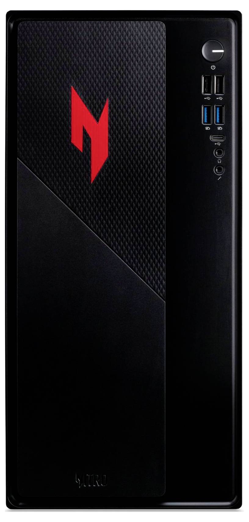 Ein schwarzer Computer-Tower verfügt über ein rotes geometrisches Logo, USB-Anschlüsse und einen Einschaltknopf auf dem Frontpanel.