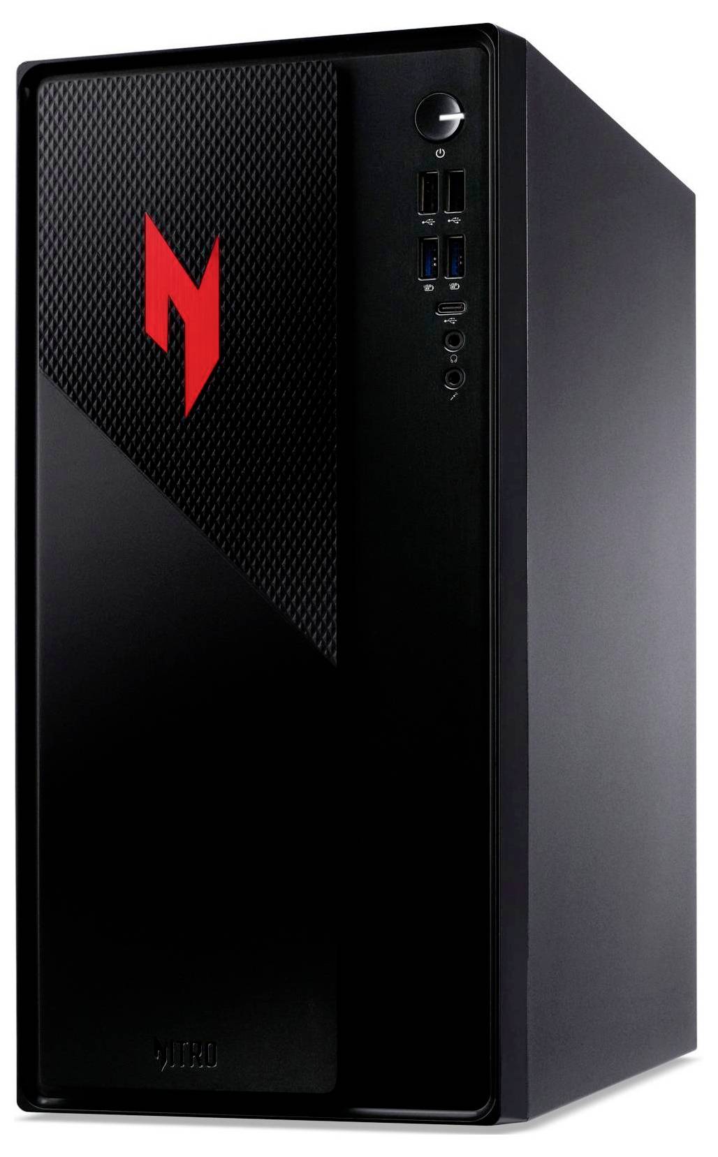 Ein schwarzer Computertower mit einem roten Emblem auf der Frontplatte, ausgestattet mit USB-Anschlüssen und einem Einschaltknopf auf der oberen rechten Seite.