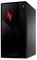 Ein schwarzer Computertower mit einem roten Emblem auf der Frontplatte, ausgestattet mit USB-Anschlüssen und einem Einschaltknopf auf der oberen rechten Seite.