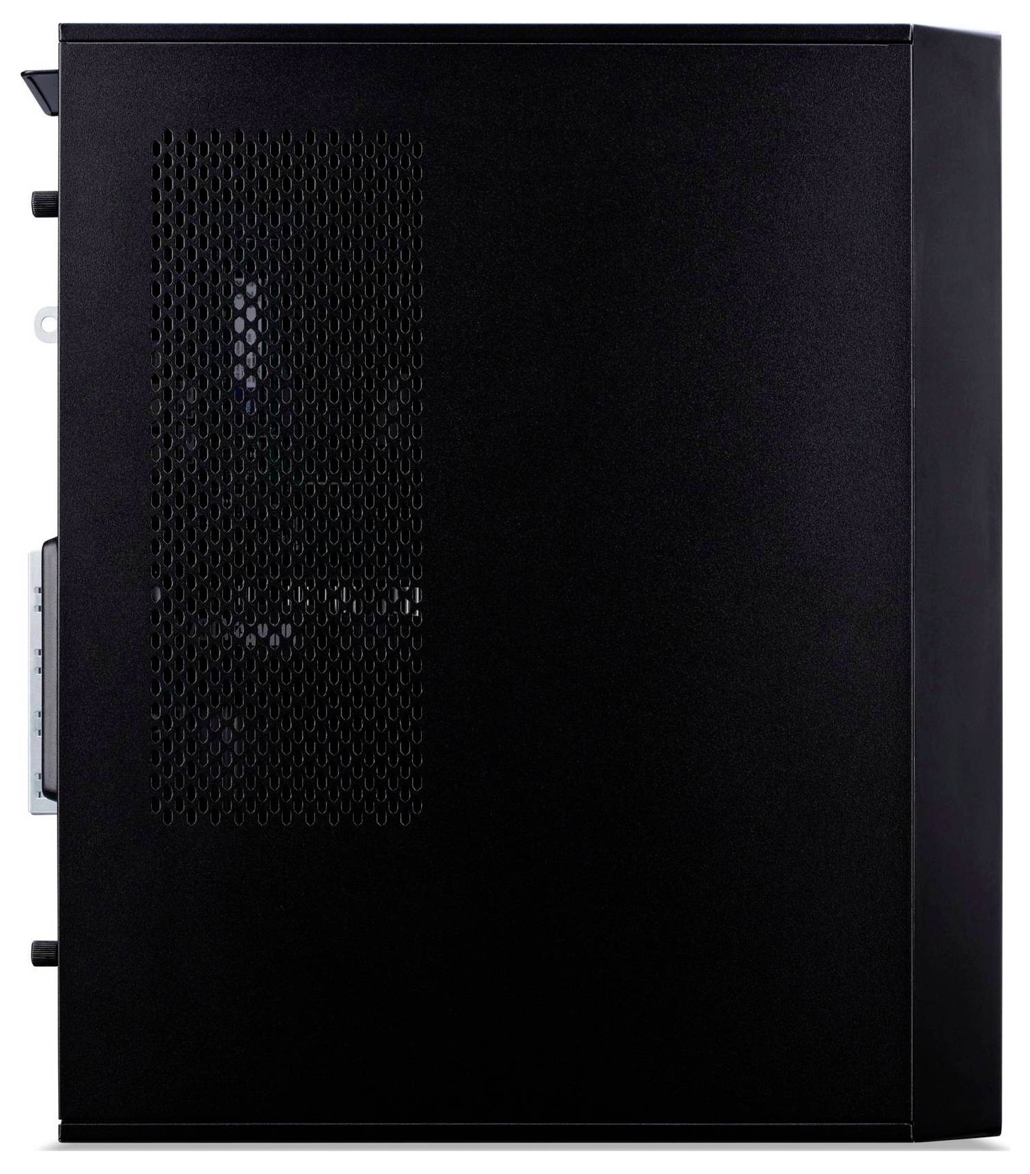 Ein schwarzer Computer-Tower mit einer belüfteten Seitenklappe, bei der die Innenkomponenten schemenhaft durch das Gitter hindurch sichtbar sind.