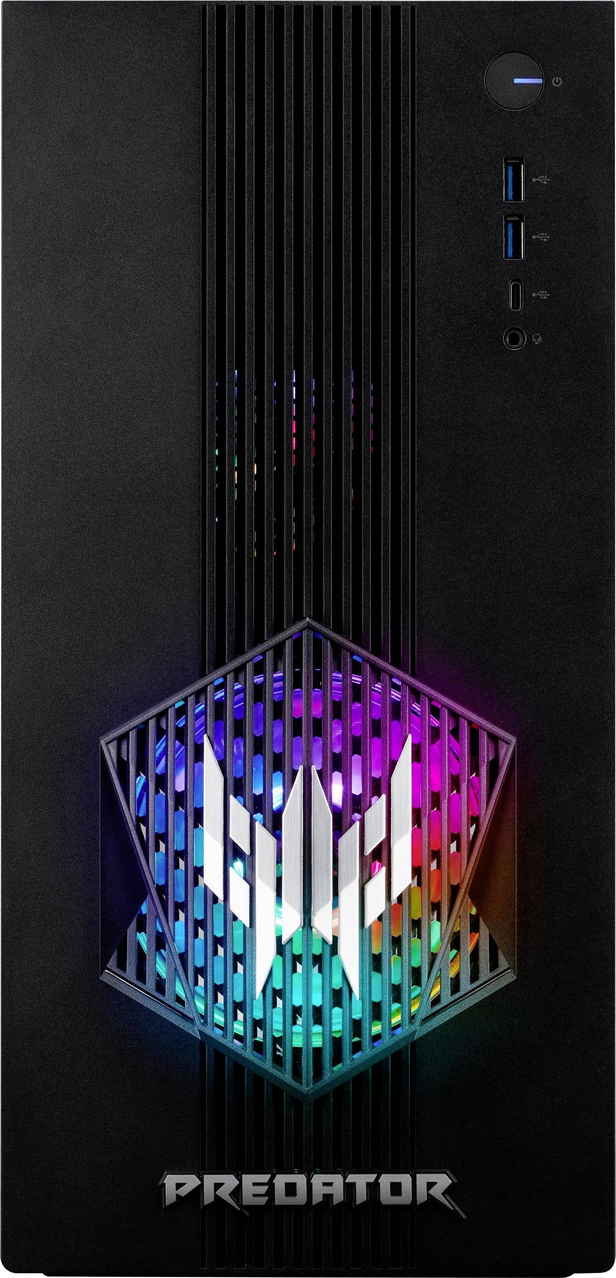Ein schwarzer Gaming-Desktop-Tower mit vertikaler LED-Beleuchtung, ausgestattet mit mehreren USB-Anschlüssen und dem Wort 'PREDATOR', das am unteren Rand aufgedruckt ist.