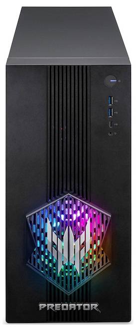 Ein schwarzer Gaming-Desktop-Computer mit anpassbarer RGB-Beleuchtung auf dem Frontpanel und 'PREDATOR'-Branding am unteren Rand.