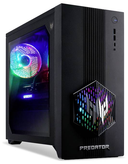 Schwarzer Computer-Tower mit leuchtendem internem Lüfter und seitlicher Glasscheibe. LED-Lichter zeigen Regenbogenfarben. Markenlogo an der Vorderseite.