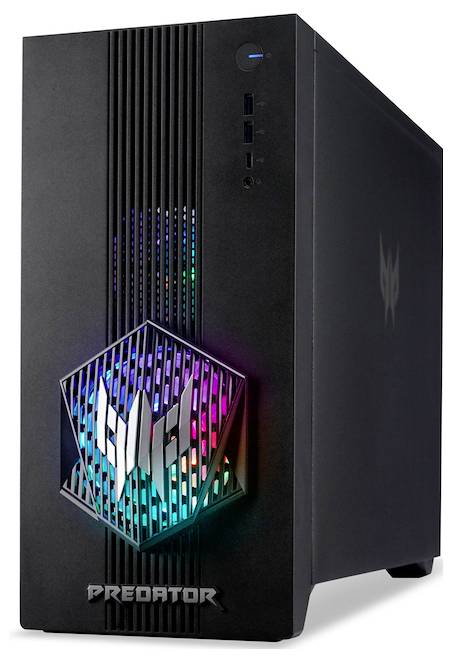 Ein schwarzer Gaming-Desktop-Tower mit bunten LED-Lichtern auf der Frontblende, mit dem Schriftzug "Predator" versehen.