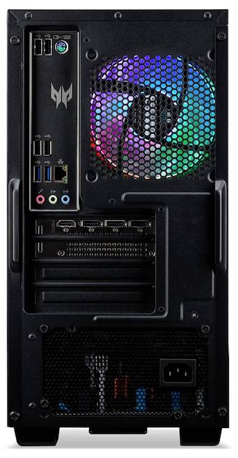 Das Bild zeigt die Rückseite eines schwarzen Desktop-Computertowers mit sichtbaren Anschlüssen, einem Lüfter mit RGB-Beleuchtung und einem Netzteil am unteren Rand.