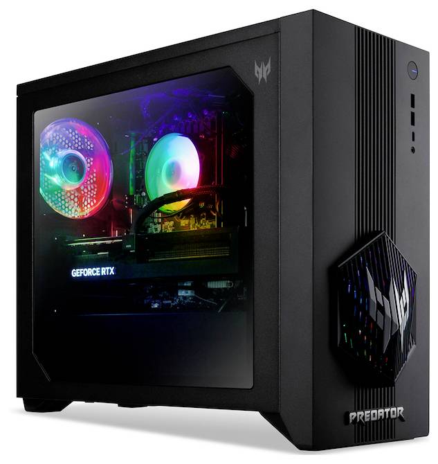 Ein schwarzer Gaming-PC-Tower mit einem transparenten Seitenpanel, das RGB-beleuchtet Innenkomponenten zeigt und einen Grafikkarte mit 'GeForce RTX' Text präsentiert.