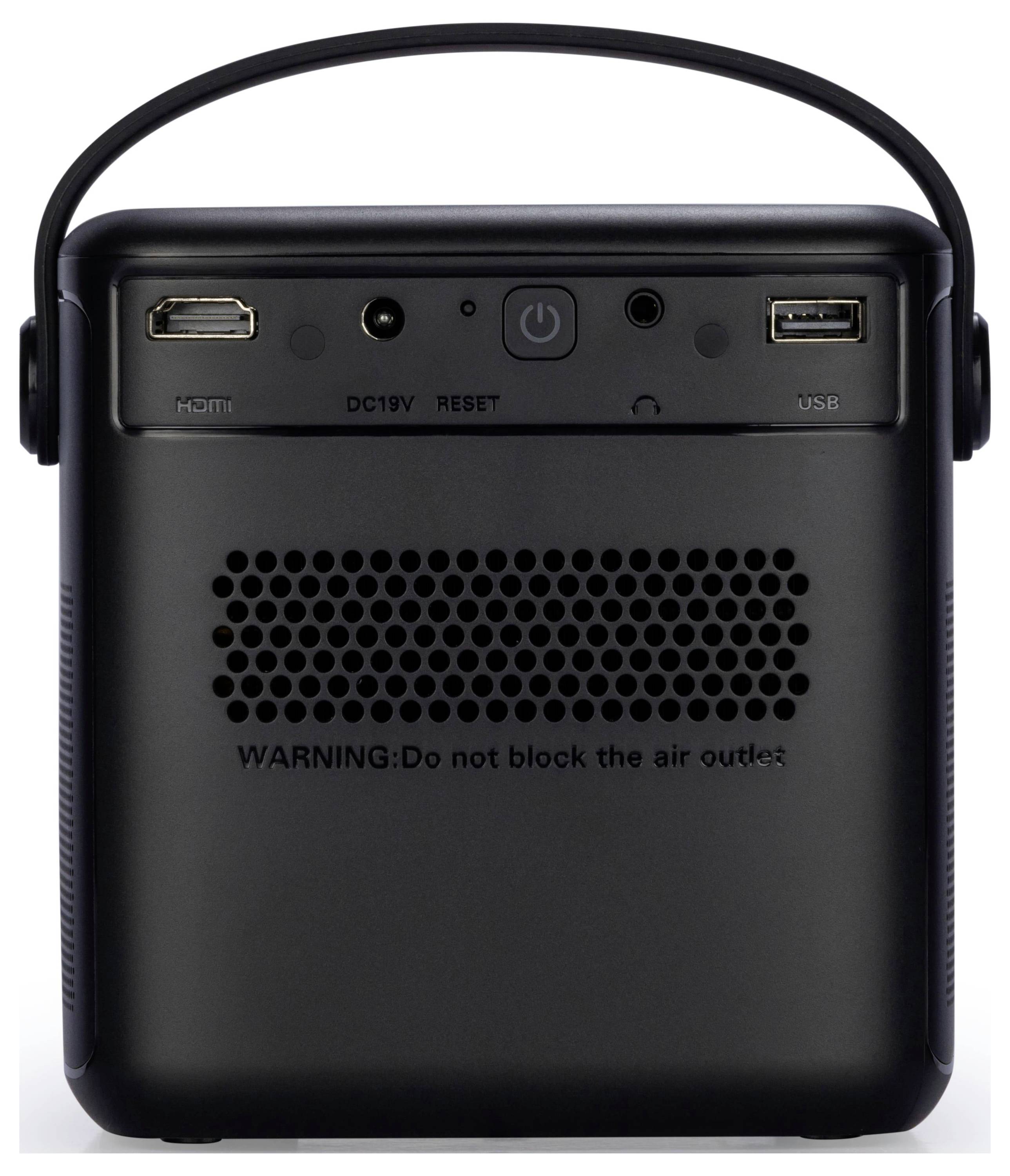 Ein schwarzer tragbarer Lautsprecher mit Griff, ausgestattet mit HDMI-, DC19V-, Reset- und USB-Anschlüssen. Eine Warnhinweis lautet: „Blockieren Sie die Luftöffnung nicht."