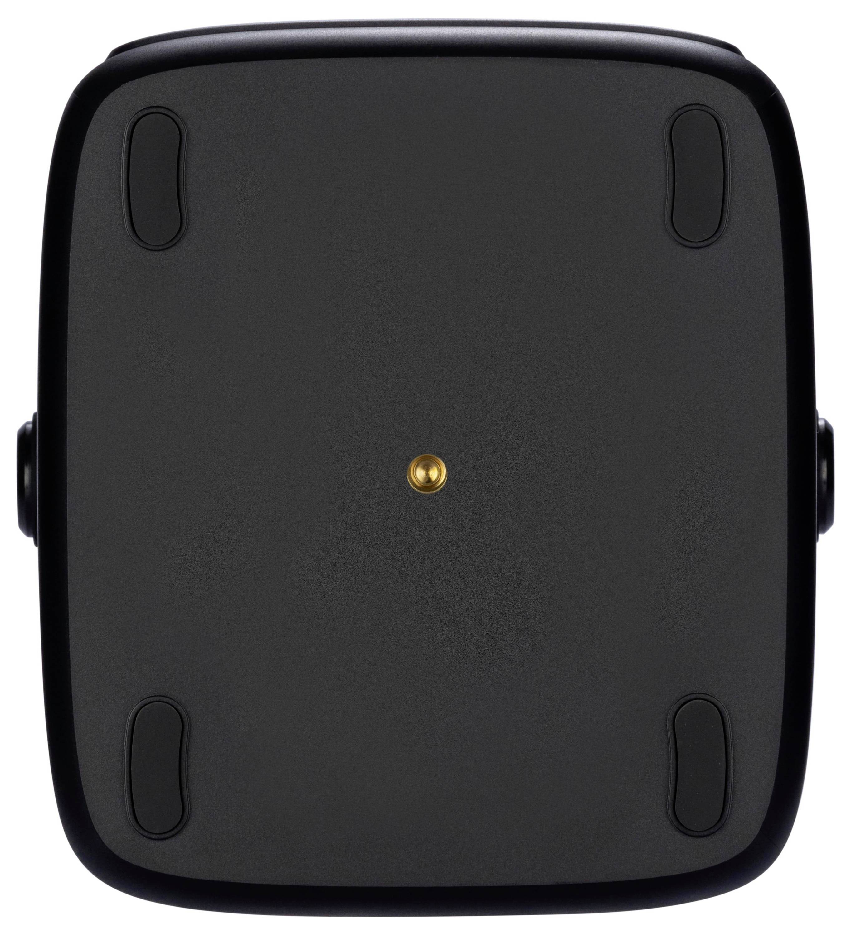 Schwarzer Koffer, von oben betrachtet, mit einem zentralen goldfarbenen Niet und vier ovalen Gummifüßen, ohne sichtbare Griffe oder Reißverschluss.
