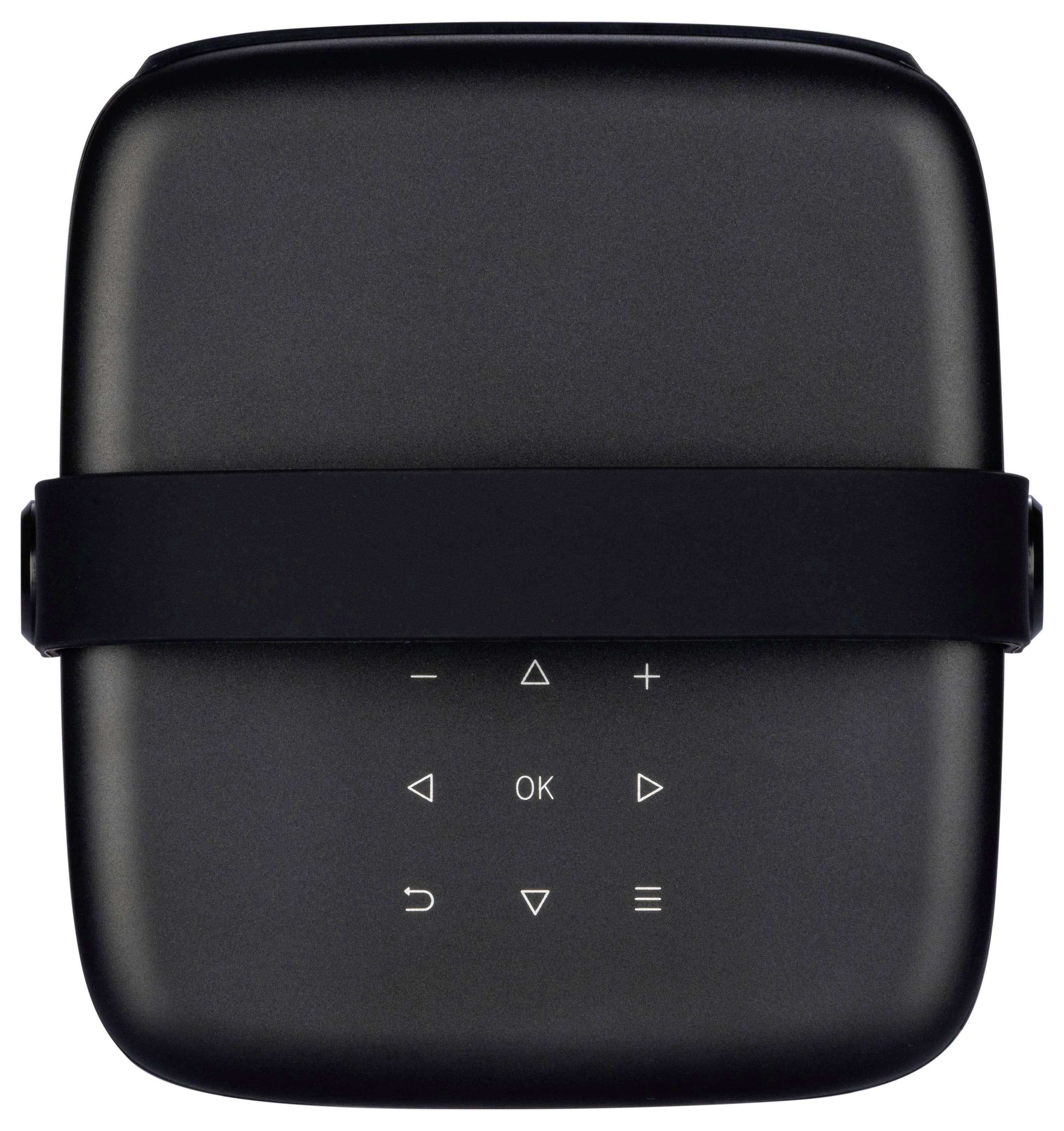 Ein schwarzes rechteckiges elektronisches Gerät mit einem zentralen schwarzen Band. Es verfügt über berührungsempfindliche Steuerungen mit Symbolen wie Pfeilen, "OK" und Plus-/Minuszeichen.