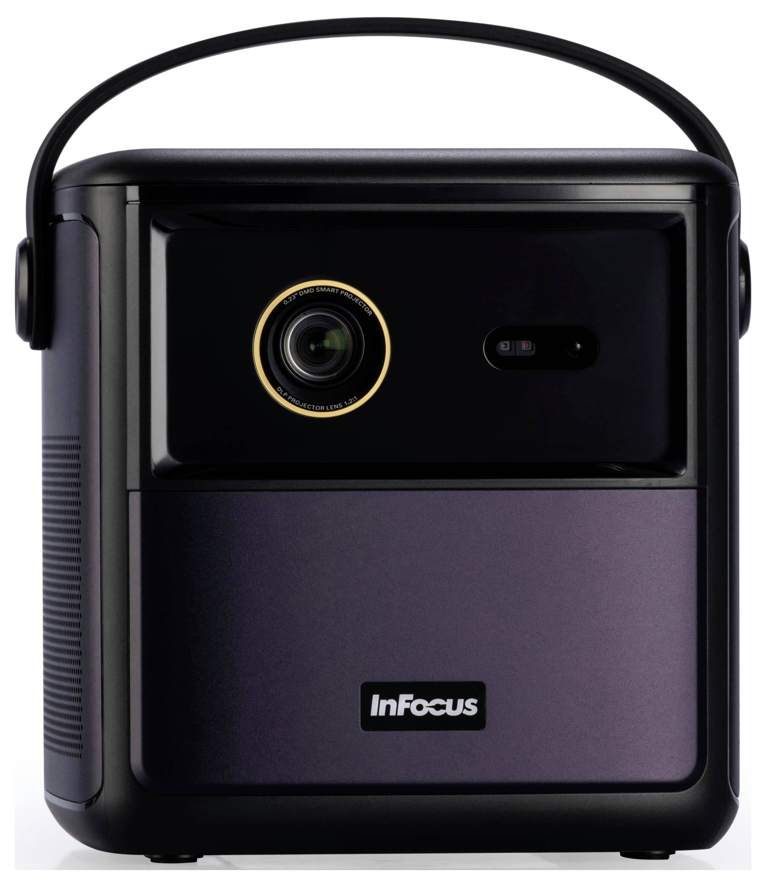 Ein tragbarer schwarzer Projektor mit Griff, der die Linse und einen kleineren Sensor oder eine sekundäre Linse daneben zeigt, mit der Marke 'InFocus'.