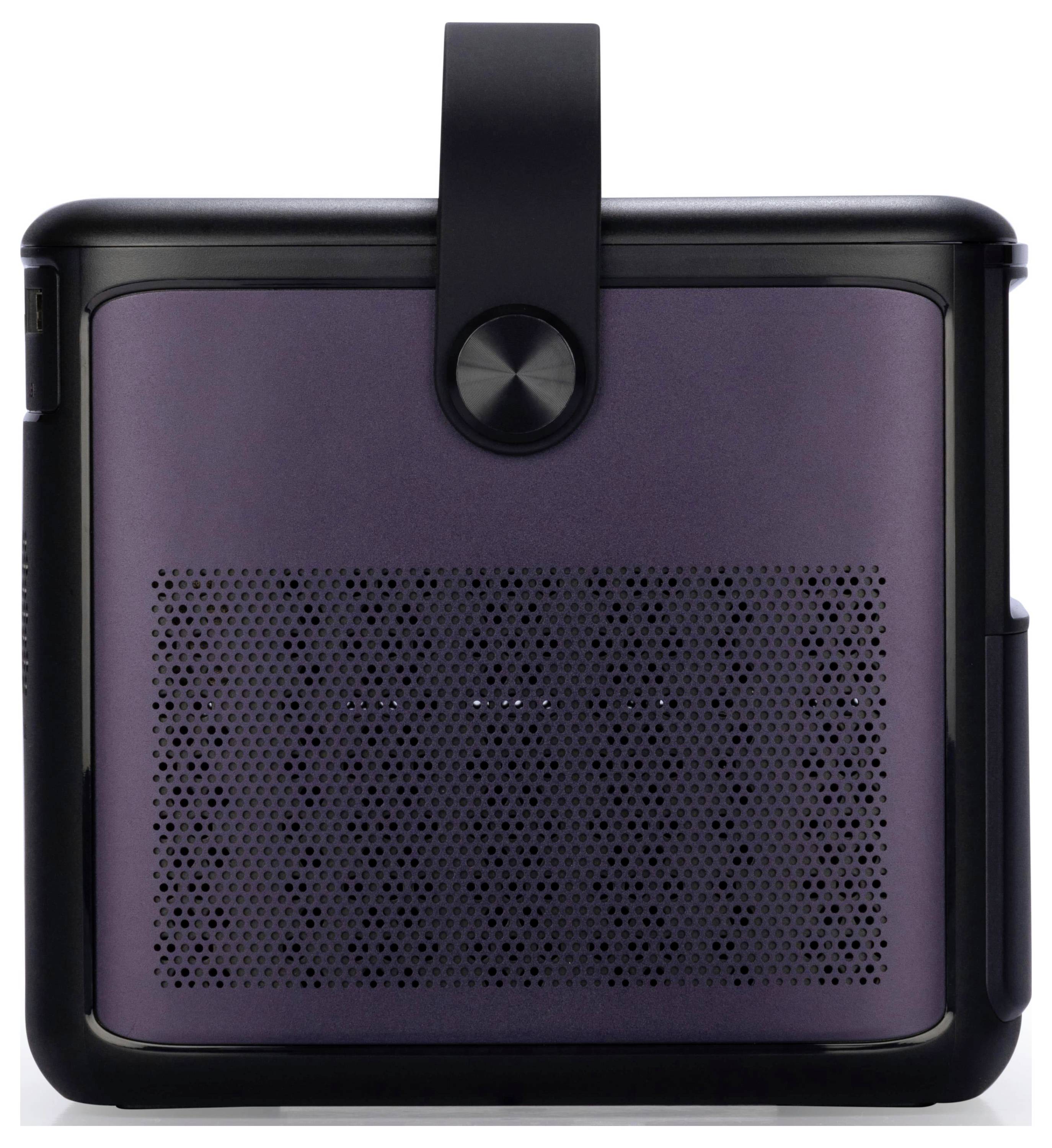 Tragbarer, handlicher Bluetooth-Lautsprecher mit einem schlanken schwarzen Gehäuse und einem zentralen Drehregler auf der vorderen Oberseite.