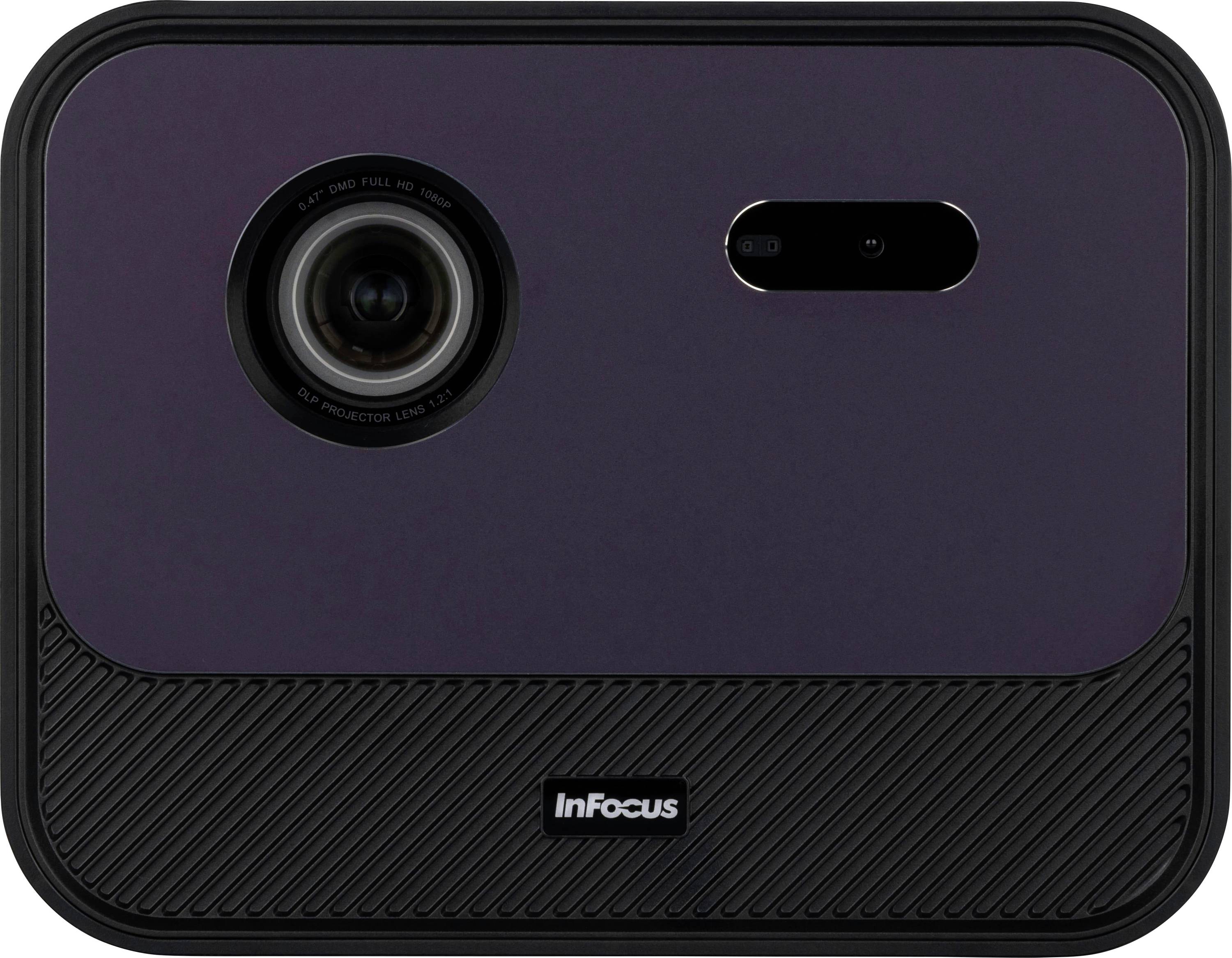 Objektiv und Sensor der Marke 'InFocus' auf einem rechteckigen dunklen Gerät mit strukturierter Oberfläche.