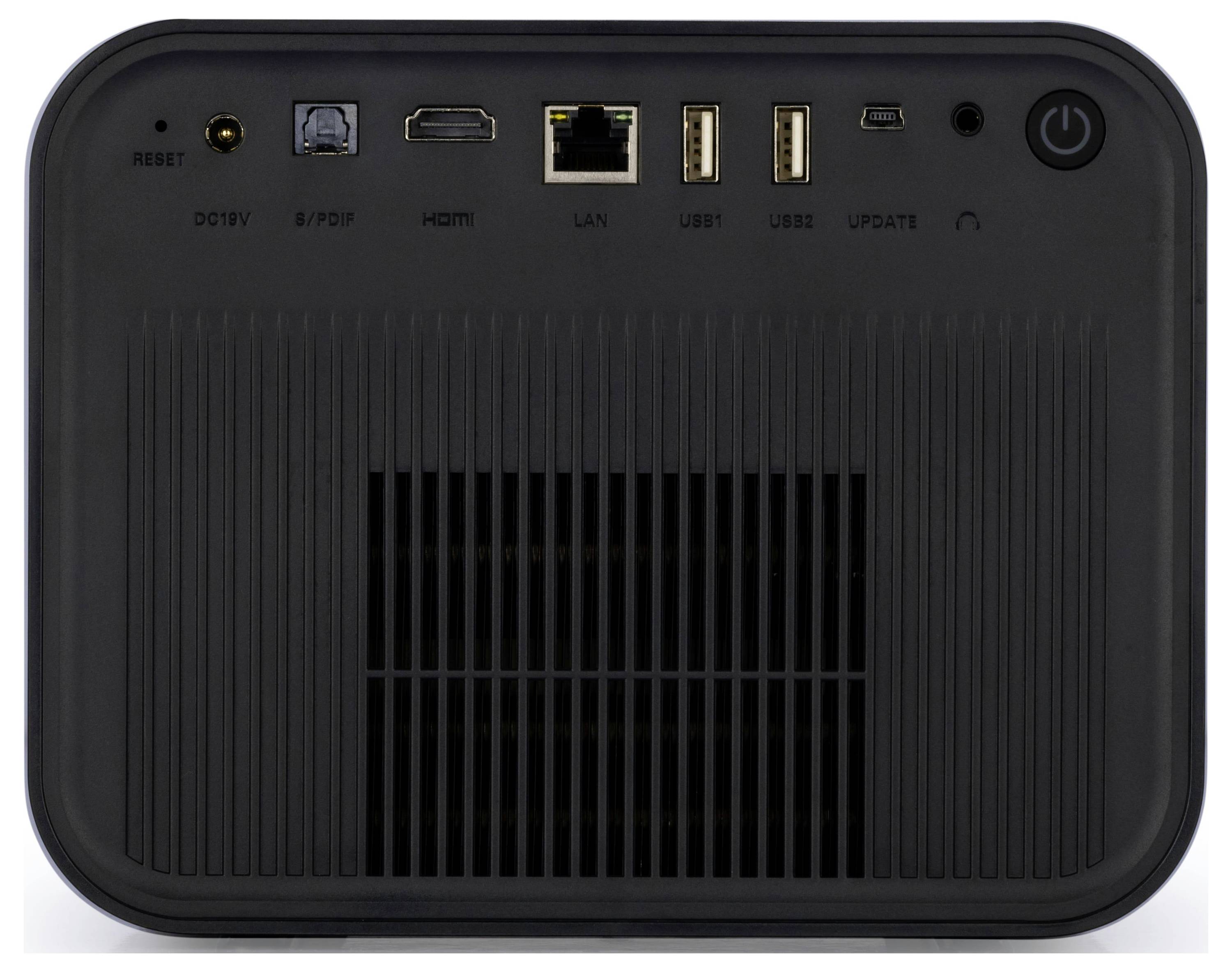 'Rückseite eines Mediengeräts mit Rücksetztaste, DC 19V, S/PDIF, HDMI, LAN, zwei USB-Anschlüssen, Update-Anschluss und Einschaltknopf.'